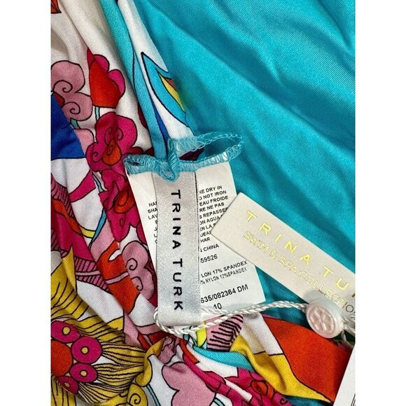 Trina Turk Sz 10 Bikini Fontaine One Shoulder Bandeau Tropical Retro Resortwear - Picture 6 of 6